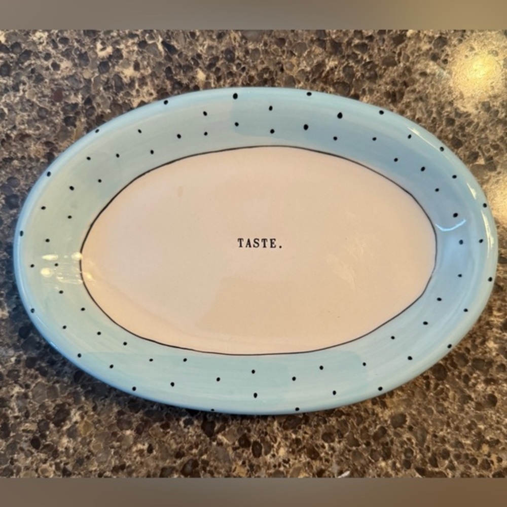 Rae Dunn Artisan Collection Blue Polka Dot Appetizer Plate TASTE Typewriter Font